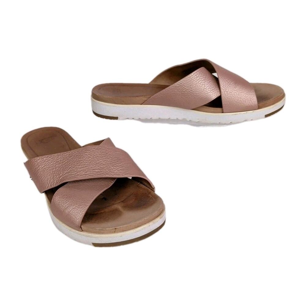 UGG Metallic Rose Gold Kari Cross Strap Slide Sandal Textured Leather Women's 9